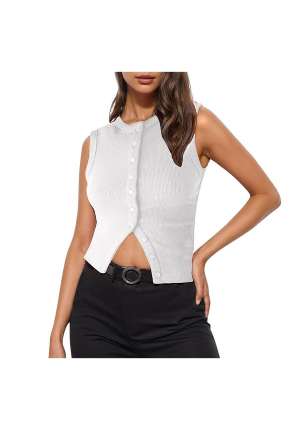 Crop Tank Tops for Women Crew Neck Ribbed Sleeveless Top Button Down Casual Basic Slim Fitted Cami Tee Shirts