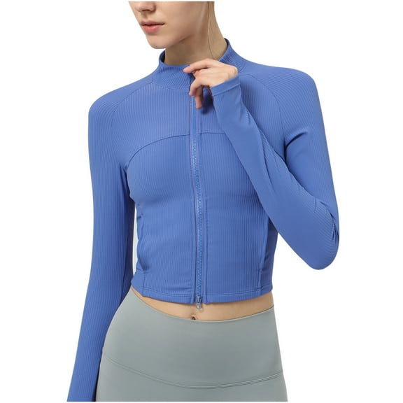 ABATAB Cropped Jackets for Women Soft Zip up Stretchy Workout Coats Lightweight Slim Fit Running Athletic Tops with Thumb Holes(Small,Blue)