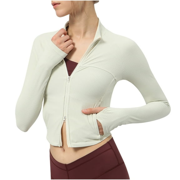 ABATAB Cropped Jackets for Women Soft Zip up Stretchy Workout Coats Lightweight Slim Fit Running Athletic Tops with Thumb Holes(X-Large,White)