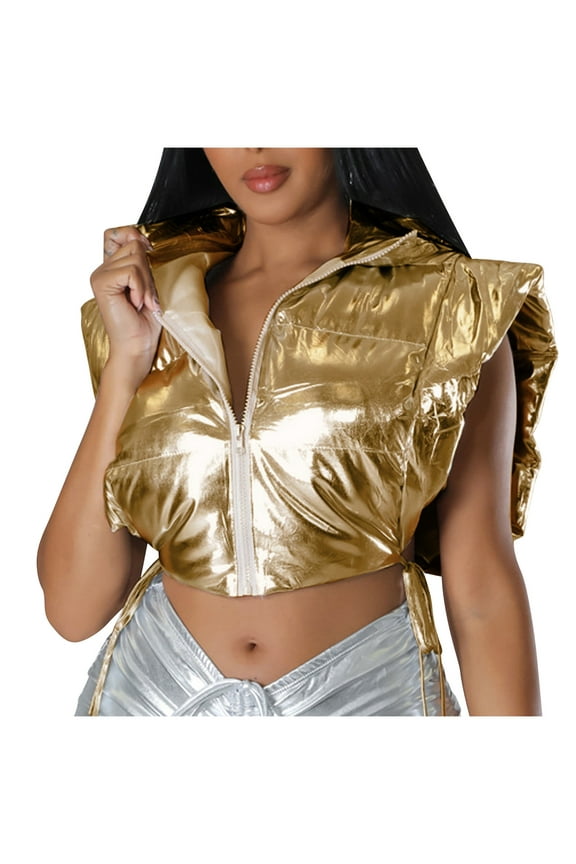 Cropped Puffer Vests for Women Fashion Shiny Sleeveless Party Clubwear Coats Warm Zipper Quilted Padded Gilet Waistcoats(XX-Large,Gold)