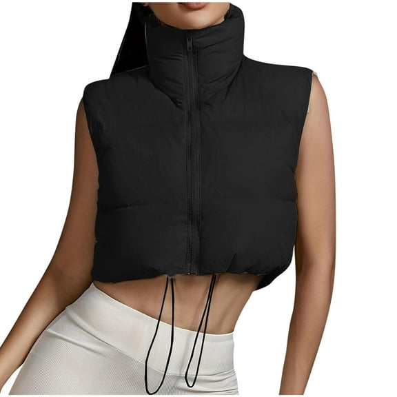 ABATAB Cropped Winter Vests for Women Warm Sleeveless Puffer Quilted Gilet Lightweight Zipper High Neck Padded Waistcoat Jackets(Medium,Black)