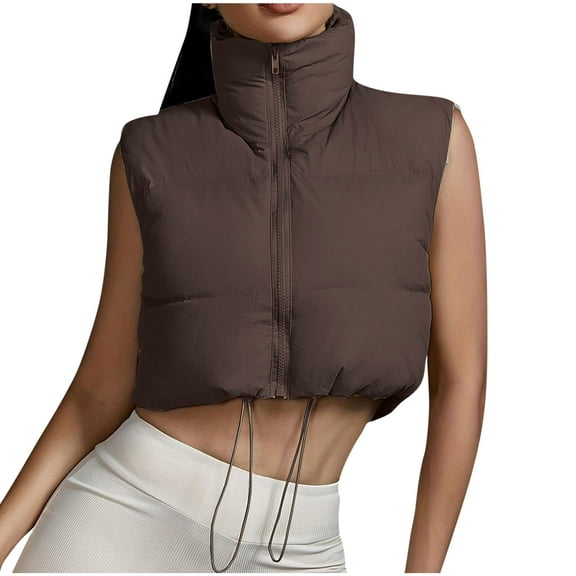ABATAB Cropped Winter Vests for Women Warm Sleeveless Puffer Quilted Gilet Lightweight Zipper High Neck Padded Waistcoat Jackets(X-Large,Brown)