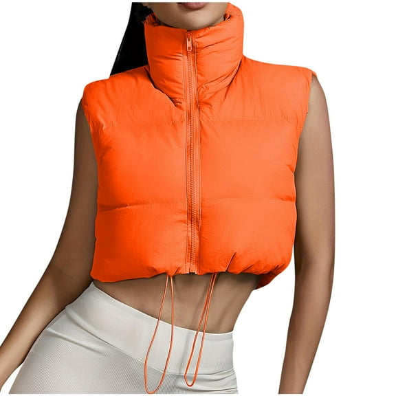 ABATAB Cropped Winter Vests for Women Warm Sleeveless Puffer Quilted Gilet Lightweight Zipper High Neck Padded Waistcoat Jackets(X-Large,Orange)