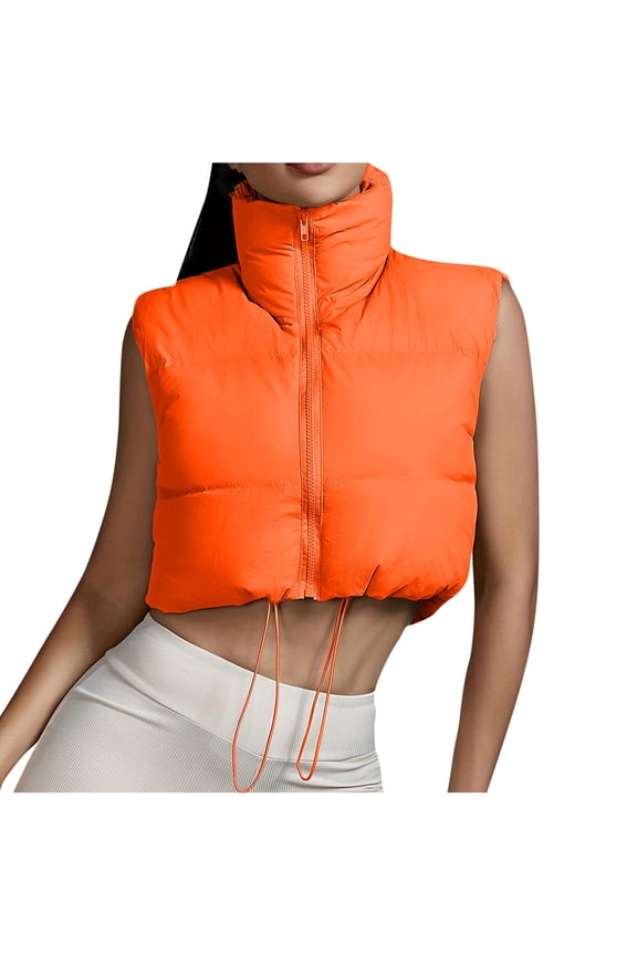 Cropped Winter Vests for Women Warm Sleeveless Puffer Quilted Gilet Lightweight Zipper High Neck Padded Waistcoat Jackets(X-Large,Orange)