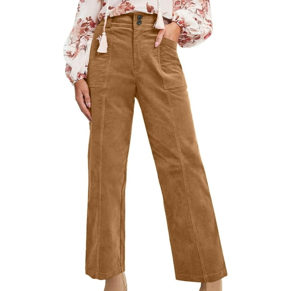ABATAB Dress Pants for Women High Waisted Wide Leg Work Pants Corduroy Casual Lounge Baggy Fashion Trousers with Pockets