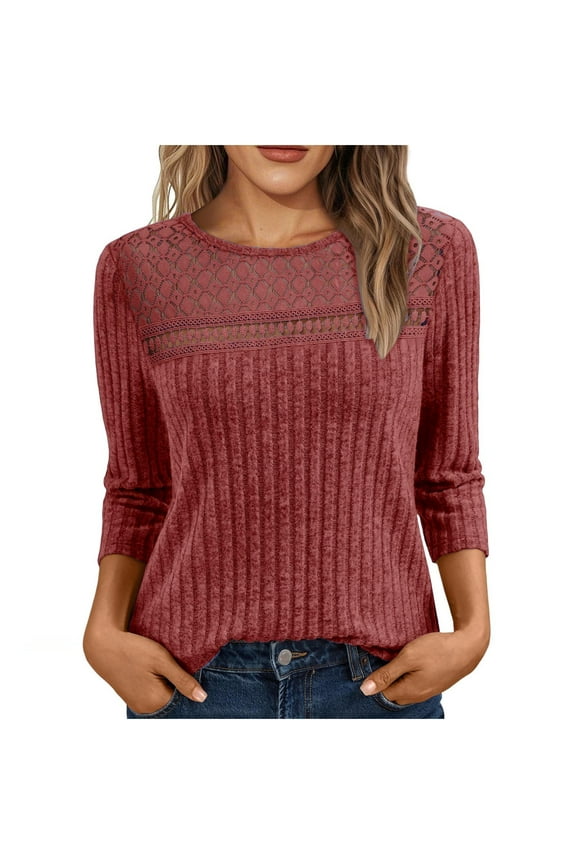 Eyelet Shirts for Women Elegant Fall 3/4 Sleeve Boat Neck Pullover Tops Trendy Knitted Ribbed Tops Casual Going out T-Shirts(Medium,Red)