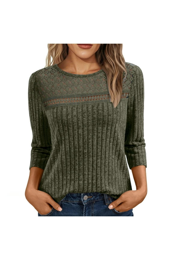 Eyelet Shirts for Women Elegant Fall 3/4 Sleeve Boat Neck Pullover Tops Trendy Knitted Ribbed Tops Casual Going out T-Shirts(Small,Army Green)