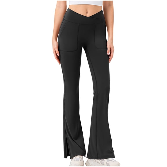 ABATAB Flare Legging Pants for Women with Pockets Crossover Yoga Bootcut Trousers Gym Workout Gym Bell Bottom Leggings