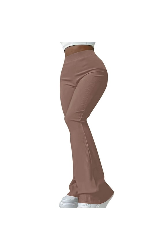 Flare Leggings for Women Soft Solid Yoga Ribbed Trendy Pants Bootcut Casual Gym Workout Bell Bottom Trousers