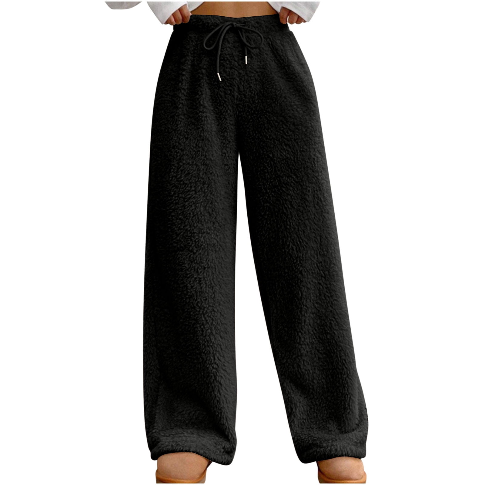 HeSaYep Fleece Lined Sweatpants Women Wide Leg Baggy Sweat Pants Straight Leg Drawstring Waisted Sherpa Sweatpants With Pockets White S - View #6