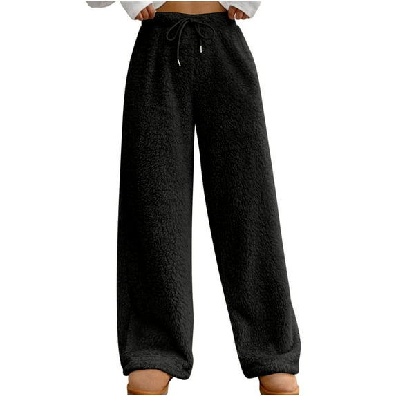 ABATAB Fleece Lined Pants Women Thick Soft High Waisted Pajama Pants Thermal Warm Drawstring Baggy Trousers for Cold Winter
