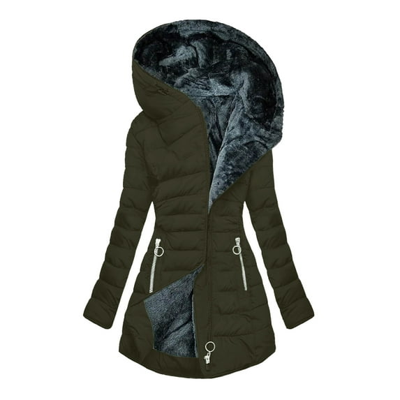 ABATAB Fleece Lined Puffer Jackets for Women Plus Size Sherpa Long Sleeve Parka Coats with Pockets Thermal Winter Outerwear(3X-Large,Army Green)