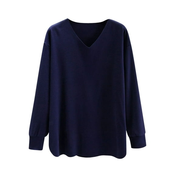 ABATAB Fleece Tops for Women Loose Fit Warm Winter Pullover Tee Shirts Casual Long Sleeve V-Neck Basic Blouses Solid Color Outfits(Medium,Navy)