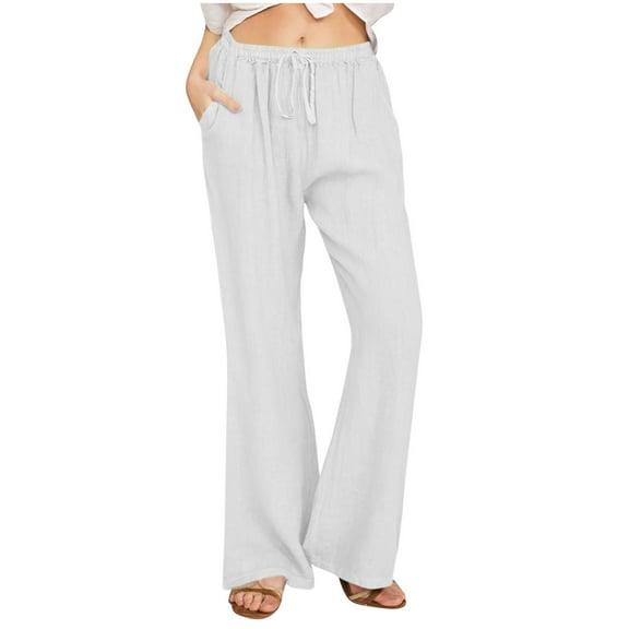 ABATAB Flowy Palazzo Pants for Women Wide Leg Cotton Linen Pants each Casual Vacation Summer Outfits with Pockets