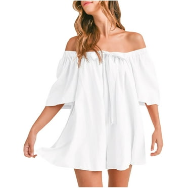 ABATAB Flowy Rompers for Women off Shoulder Short Sleeve Wide Leg Loose Fit Jumpsuit Trendy Ruched Summer Beach Vacation Jumpsuit