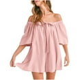 thumbnail image 1 of ABATAB Flowy Rompers for Women off Shoulder Short Sleeve Wide Leg Loose Fit Jumpsuit Trendy Ruched Summer Beach Vacation Jumpsuit, 1 of 6