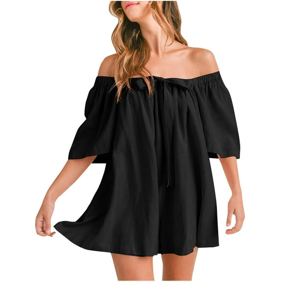 ABATAB Flowy Rompers for Women off Shoulder Short Sleeve Wide Leg Loose Fit Jumpsuit Trendy Ruched Summer Beach Vacation Jumpsuit
