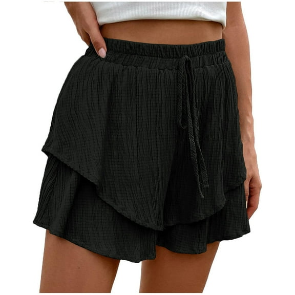 ABATAB Flowy Shorts for Women Casual Elastic Waisted Ruffle Tiered Drawstring Skorts Summer Resort Vacation Wear Shorts