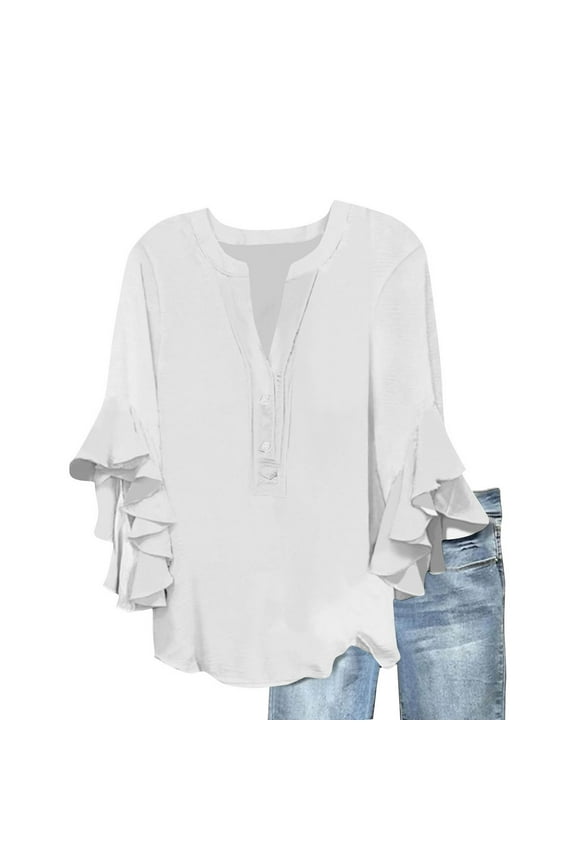 Flowy Tops for Women Trendy Boho Ruffle Sleeve Dressy Vacation Travel Shirts Lightweight 3/4 Sleeve Henley V-Neck Casual T-Shirts(Medium,White)