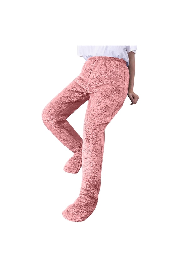 Footed Fuzzy Pajama Pants for Women Sherpa Winter Elastic Waisted Fleece Soft Thermal Sleep Wear and Warm Footing