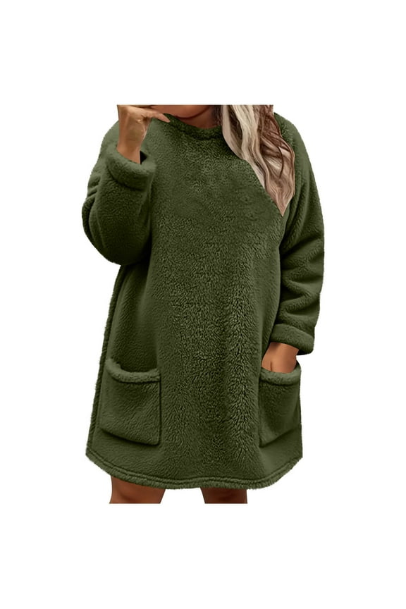 Fuzzy Fleece Tops for Women Plus Size Sherpa Lined Long Pullover Warm Oversized Long Sleeve Winter Sweatshirts with Pockets(X-Large,Army Green)