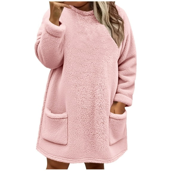 ABATAB Fuzzy Fleece Tops for Women Plus Size Sherpa Lined Long Pullover Warm Oversized Long Sleeve Winter Sweatshirts with Pockets(4X-Large,Pink)