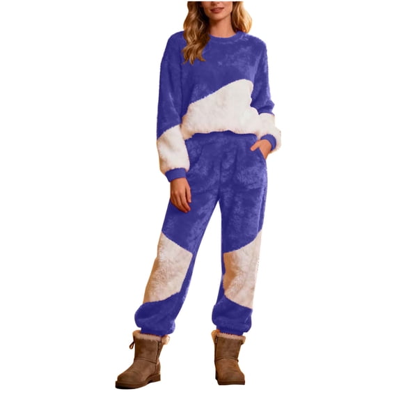 ABATAB Fuzzy Pajama Set for Women Color Block Casual Fleece Crewneck Long Sleeve and Pants Thermal Winter Loungewear Outfits