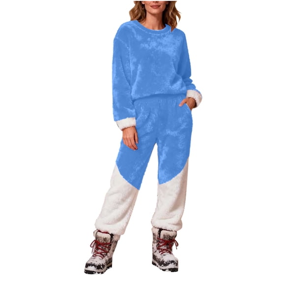 ABATAB Fuzzy Pajama Set for Women Color Block Casual Fleece Crewneck Long Sleeve and Pants Thermal Winter Loungewear Outfits