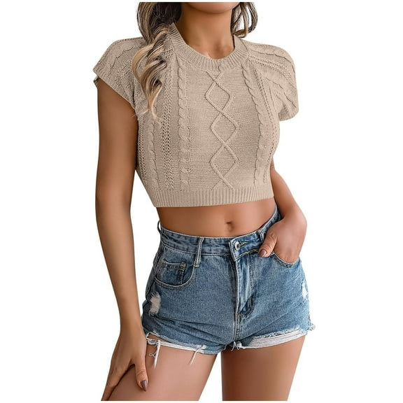 ABATAB Going out Crop Tops for Women Knit Cap Short Sleeve Crewneck Sweater Soft Plain Trendy Sweater Shirts