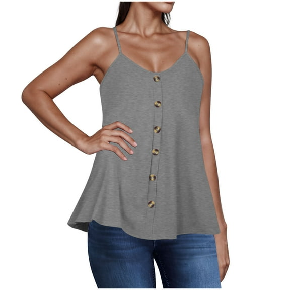 ABATAB Going out Tops for Women Sleeveless Blouse Round Neck Button down Plain Vest Shirts Spaghetti Strap Summer Casual Basic Tops