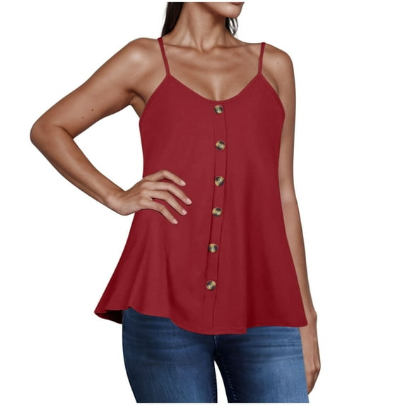 ABATAB Going out Tops for Women Sleeveless Blouse Round Neck Button down Plain Vest Shirts Spaghetti Strap Summer Casual Basic Tops