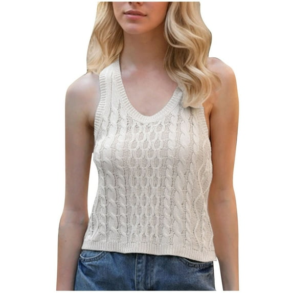 ABATAB Going out Tops for Women V-Neck Crochet Sweater Vest Fashion Knit Sleeveless Jacquard Tank Tops Lightweight Casual Clothes