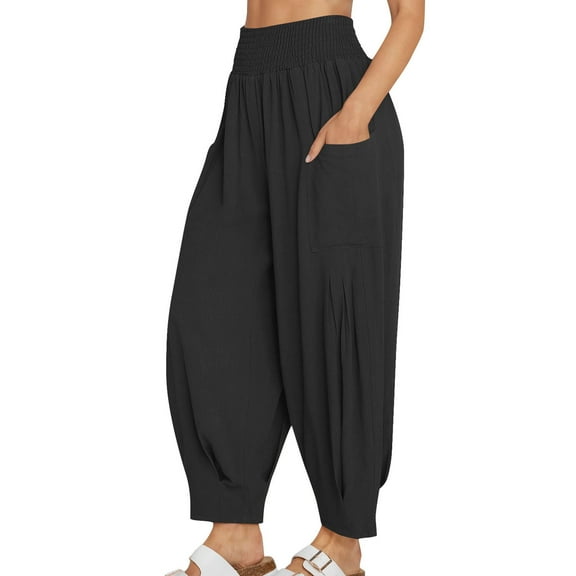 ABATAB Harem Pants For Women Pants Summer Casual Loose Lounge Smocked Cotton Linen Trendy Beach Travel Vacation Outfits