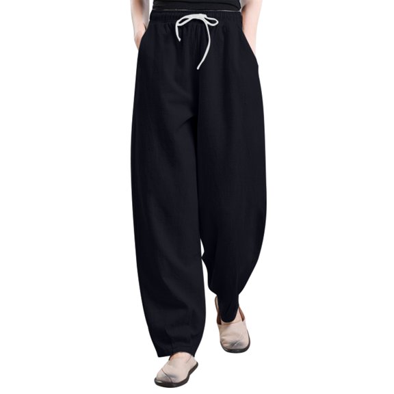 ABATAB Harem Pants for Women Casual Loose Fit Lantern Pants Drawstring Cotton Linen Trousers with Pockets
