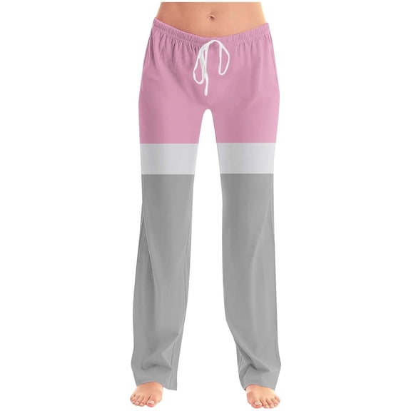 ABATAB High Waisted Pant for Women Elastic Waisted Wide Leg Drawstring Lounge Pants Color Block Casual Trousers with Pocket