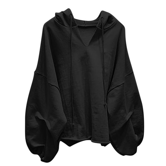 ABATAB Hoodies for Women Oversized Casual Solid Color Drawstring Hooded Pullover Sweatshirt Baggy Long Sleeve Drawstring Tops(XX-Large,Black)