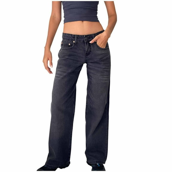 ABATAB Jeans Pants for Women Straight Leg High Waisted Denim Pants Stretchy Trendy Loose Fit Pants with Pockets