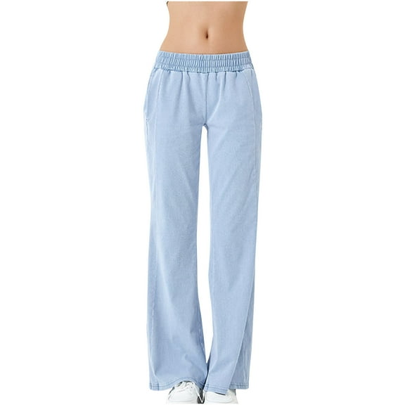 ABATAB Jeans for Women Elastic Waisted Stretchy Loose Jeans Straight Leg Casual Baggy Fashion Denim Pants with Pockets