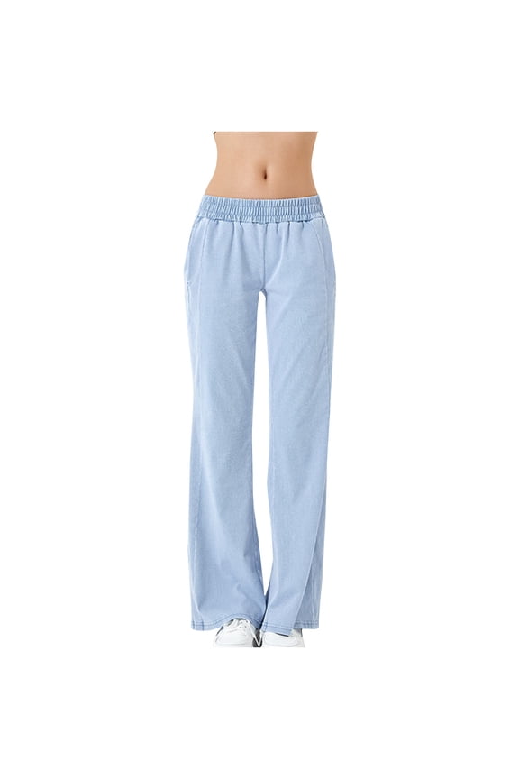 Jeans for Women Elastic Waisted Stretchy Loose Jeans Straight Leg Casual Baggy Fashion Denim Pants with Pockets