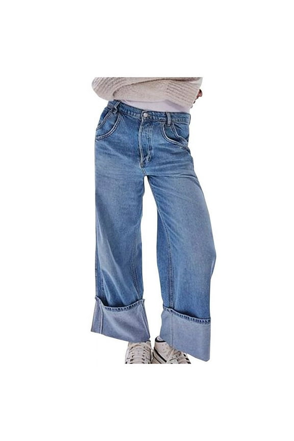 Jeans for Women Stretchy Low Waisted Baggy Jeans Pull on Wide Leg Roll up Hem Trendy Streetwear Pants with Pockets