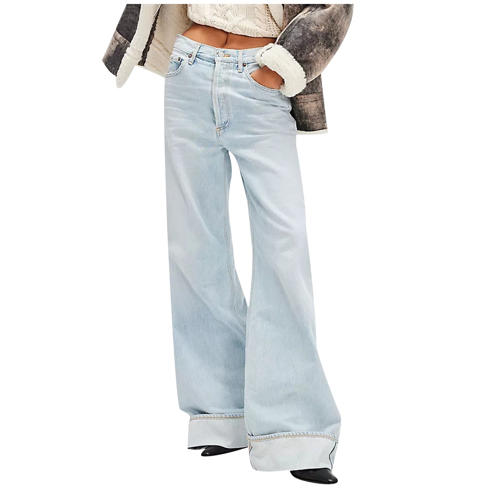 Women Fashion Wide Leg Flared Jeans Denim Comfortable Loose Jeans Zipper Pocket Trousers main image 0