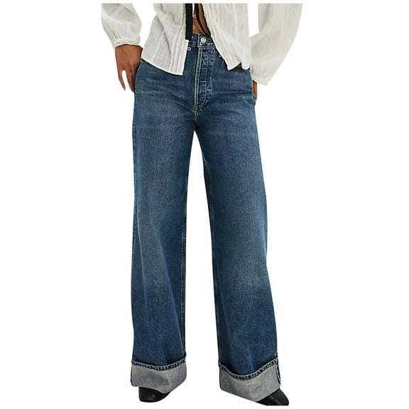 ABATAB Jeans for Women Wide Leg Loose fit Jeans Pants Strechy Baggy Folded Hem Trendy Denim Trousers with Pockets