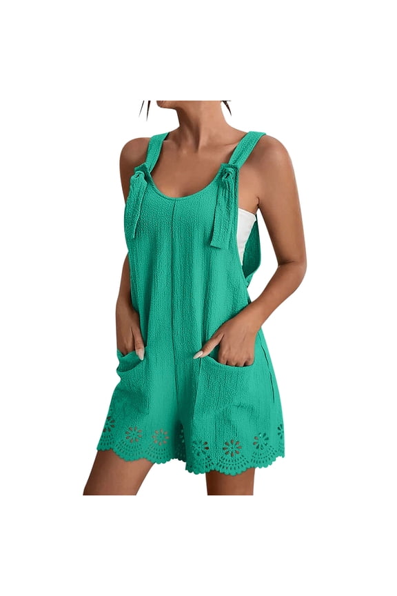 Jumpsuit for Women Summer Scoop Neck Sleeveless Rompers Wide Leg Lace Trim Baggy Beach Vacation Overalls