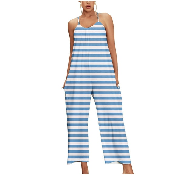 ABATAB Jumpsuits for Women Casual Sleeveless Striped Rompers One Piece Summer Wide Leg Overalls Beach Vacation Outfits