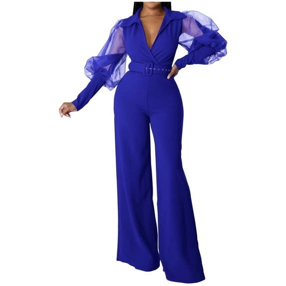 ABATAB Jumpsuits for Women Lapel V-Neck Long Belt Romper Long Sleeve Wide Leg Baggy Party Clubwear Trendy Jumpsuit