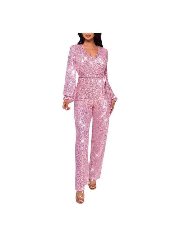 Jumpsuits for Women Sparkly Dressy Long Sleeve Sequin Rompers V Neck Wide Leg Belted Party Clubwear Outfits