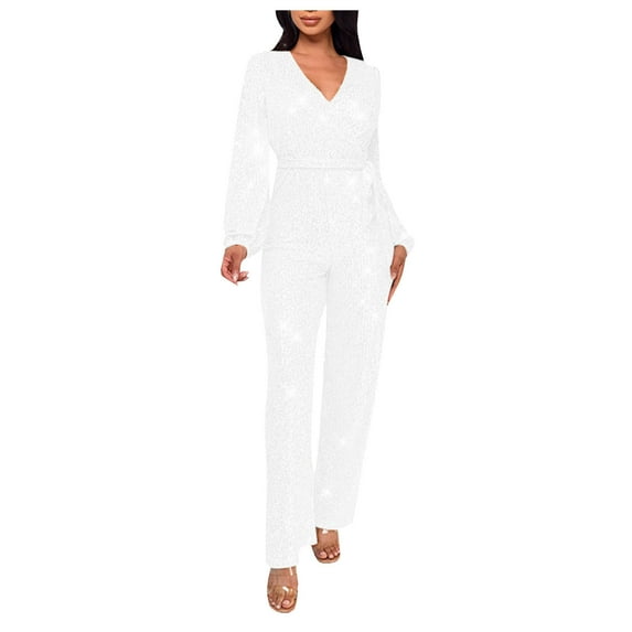 ABATAB Jumpsuits for Women Sparkly Dressy Long Sleeve Sequin Rompers V Neck Wide Leg Belted Party Clubwear Outfits