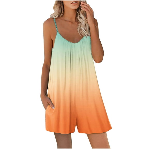 ABATAB Jumpsuits for Women Summer Sleeveless V Neck Romper Gradient Baggy Casual Fashion Clothing with Pockets