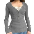 thumbnail image 1 of ABATAB Lace Cropped Button Shirts for Women Trendy Going out Long Sleeve Knitted Tunic Tops Lightweight Slim Fit Holiday Blouses(Small,Gray), 1 of 5