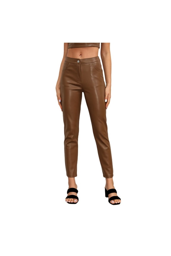 Leather Pants for Women Straight Leg Elastic Waist Work Pants Stretchy Pleather Pull on Trendy Trousers with Pockets